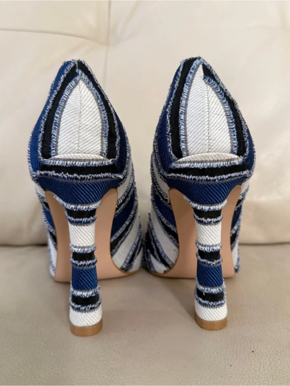 Christian Siriano Navy and White Striped Pointed Pumps with Lime Insole